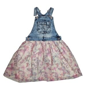 Jordache Girls Denim Butterfly Overall Dress Blue Pink Size M 7-8 Bibs Jumper